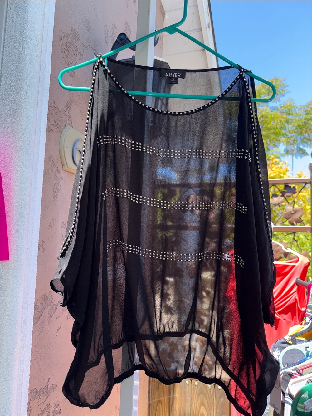 A. Byer Black Sheer Studded Cold-Shoulder Blouse